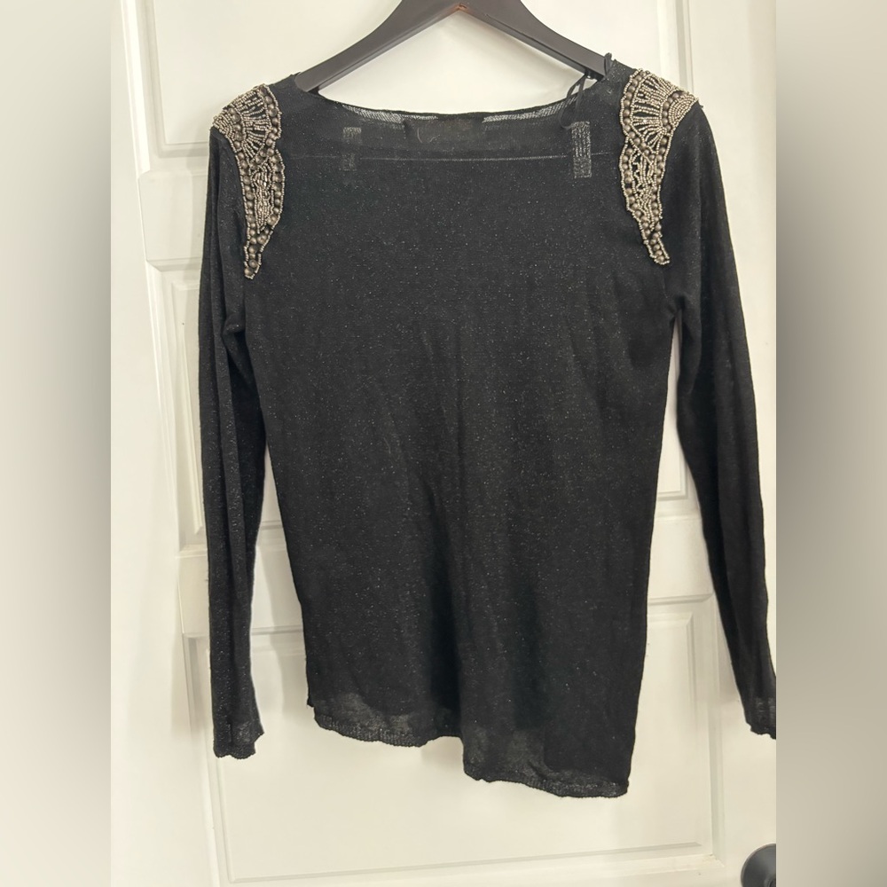 Zara Knit Thin Weight Sparkle Knit Beaded Military Shoulder Black Gold stretch M - Picture 4 of 8